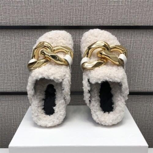 Shearling Women Mules Gold Chains Women Shoes Designer Flats Dress Ladies Zapatos De Mujer Winter Fur Slippers Sapato Feminino