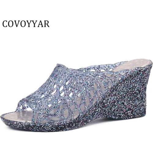 COVOYYAR 2021 New Women Jelly Shoes Transparent Wedges Women Slippers Summer Peep Toe Cut Out Beach Shoes Slides WSL15