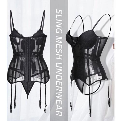 Women Gothic Bustier Lace Corset Straps Waist Training Lingerie Mesh Girdle Garter Belt Sexy Underwear