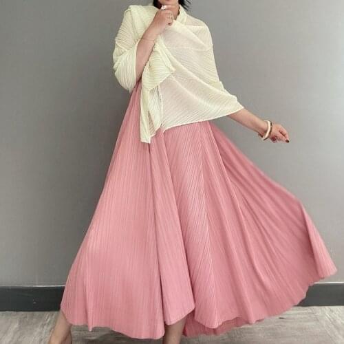 2021 Spring Summer Miyake V-Neck Cherry Blossom Pink Sleeveless Pleated Oversized One-piece A-Line Dress Korean Elegant Clothes