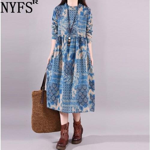 NYFS 2021 New Spring Autumn Dress Vintage large size Woman Dress Loose Printing Vestido de mujer Robe Dresses for Women