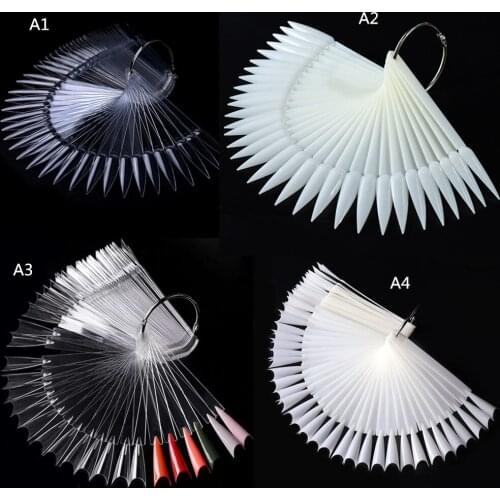 100Packs 50 Tips Fan-Shaped Nail Art Display Stiletto Nail Clear Natural Fan with Ring Handle Chart for Polish Gel fan Display