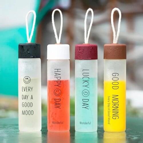 350ml Happy Smile Lucky Transparent Glass Water Bottles Creative Frosted Water Bottle With Portable Rope Travel Tea Cups