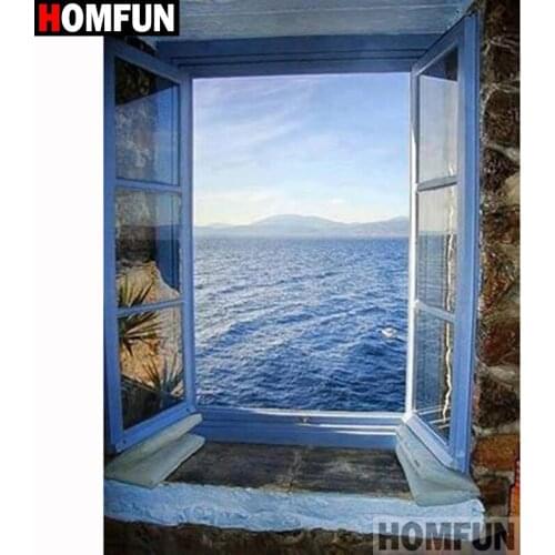 HOMFUN Diamond Painting "Window sea view" Cross Stitch Custom Photo Diamond Embroidery Square Round Drill Home Decor A27825