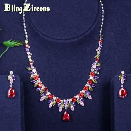 BeaQueen Luxury Green Purple Red Cubic Zircon Stone Water Drop Earrings Necklace Wedding Bridal Jewelry Sets for Party JS181