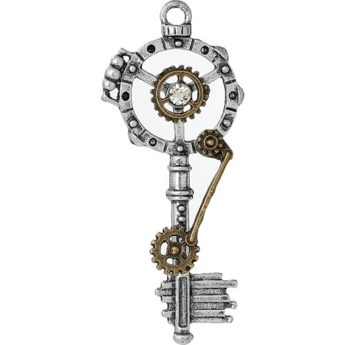 DoreenBeads Zinc Based Alloy Steampunk Charms Key Silver Color Gear Carved Clear Rhinestone Hollow 68mm(2 5/8") x 28mm, 3 PCs