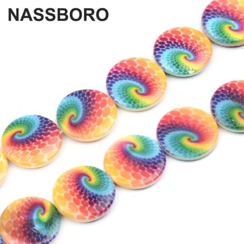 Approx.18pcs 20mm Natural Stone Beads Two Sides Printed Shell Beads Loose Spcare Bead For Jewelry Making Bracelet Necklace DIY