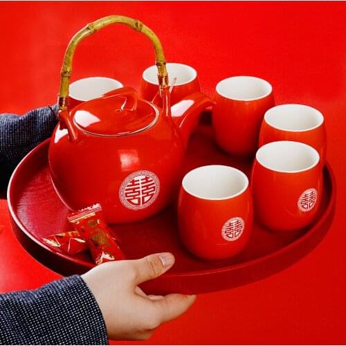 Chinese wedding marriage celebration red teaware set double happy teapot ceramic gift tea pot cup tray gaiwan teaset