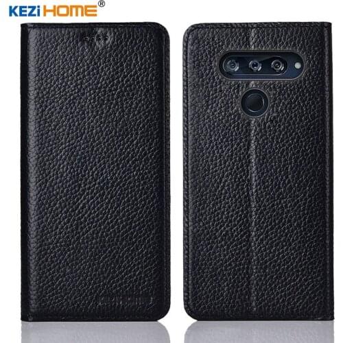 For LG V40 case KEZiHOME Litchi Genuine Leather Flip Stand Leather Cover capa For LG V40 ThinQ Phone cases