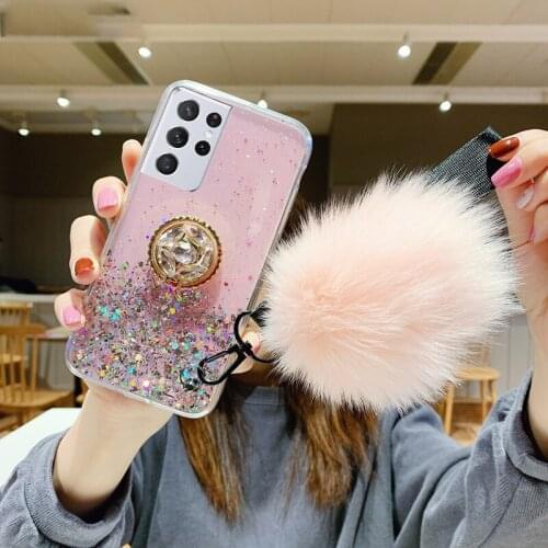 Bling Glitter Case For Samsung S20 FE Cases Phone Stand Cover Samsung Galaxy S20 Plus S20Ultra S 20FE S2 0 Case With Hairball