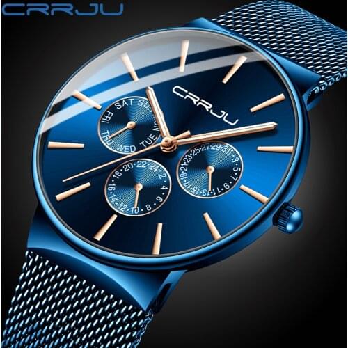 CRRJU 2020 New Mens Watches Classic Business Waterproof Multi-function Full Steel Belt Wristwatch with Week and 24 hour Display