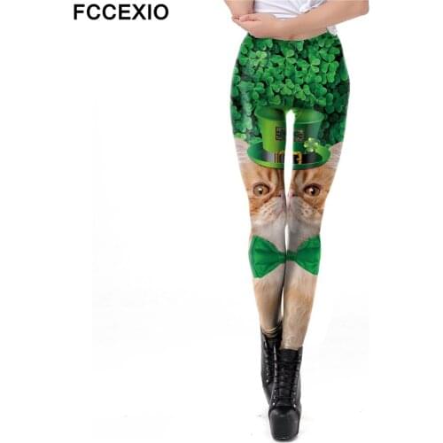 FCCEXIO New Lucky Clover Leggings Women Patricks Day 3D Cat With Cap Printed Workout Fitness Leggins Plus Size Women Legins