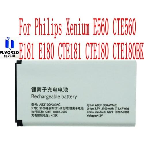 Brand new High Quality 3100mAh AB3100AWMC Battery For Philips Xenium E560 CTE560 E181 E180 CTE181 CTE180 CTE180BK Mobile Phone