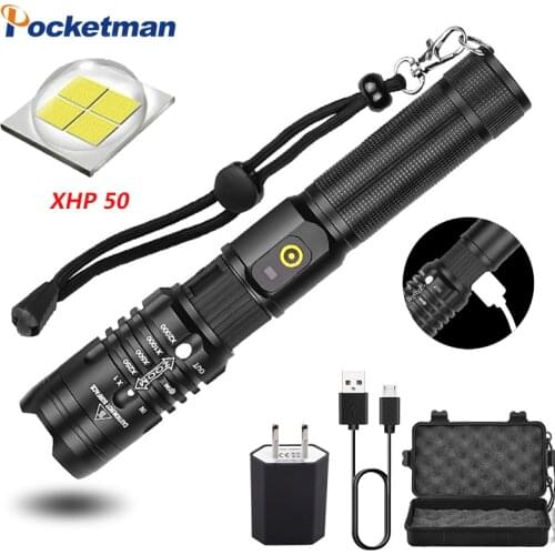 POCKETMAN 50000 lumens flashlight xhp50.2 most powerful flashlight 18650 usb torch xhp50 lantern 18650 hunting lamp hand light