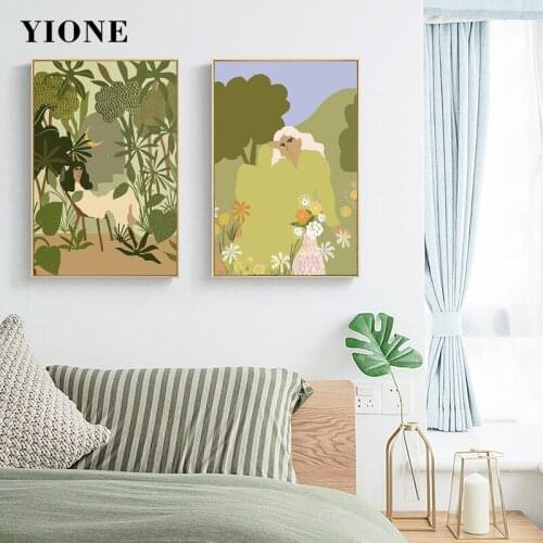 Green Abstract Plant Girl Couples Canvas Art Paintings Outdoor Scenery Posters and Prints Nordic Wall Pictures for Living Room