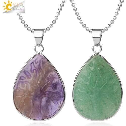 CSJA Water Drop Pendant Necklace Natural Stones Carving Tree of Life Silver-color Bezel Quartz Crystal Lapis Energy Jewelry G414