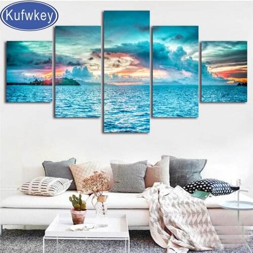Seascape diamond painting cross stitch sea blue sky Natural landscape diamond embroidery 5 Piece set mosaic wall picture decor