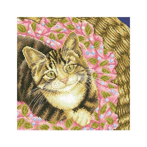 Cross stitch Handmade 14CT Counted Canvas DIY,Cross-stitch kits,Embroidery BK273 Cat in the basket 33-33