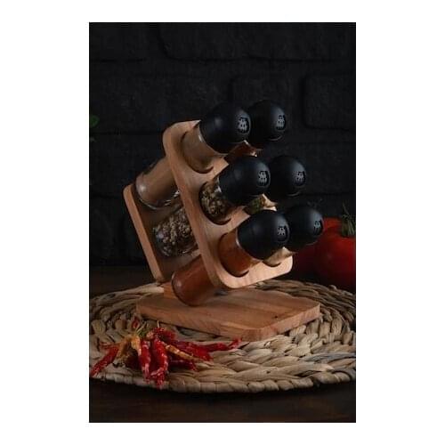 Glass Spice Jar Set Wood Standing With Black Lid Salt Shaker