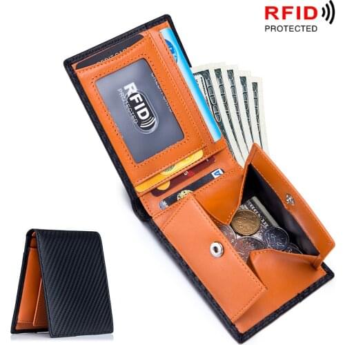 New Carbon Fiber Cow Leather Wallet Purse Rfid Anti Theft Ultra Thin Business Card Holder Genuine Leather Wallet for Men
