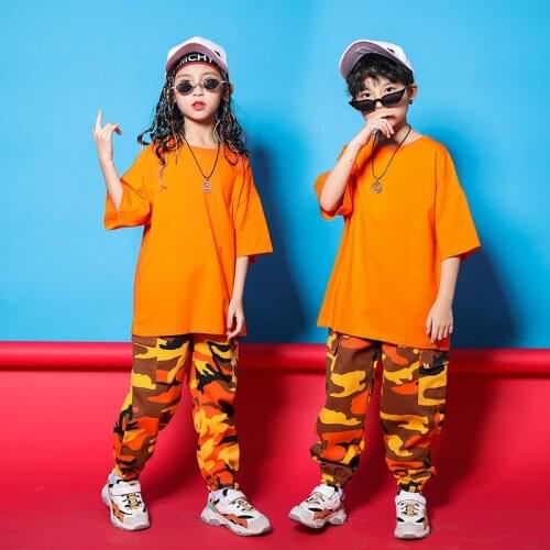 Girls or Boys Hip Hop Clothing Orange Tops Camouflage Running Casual Pants Kids Jazz Dance Costumes Ballroom Dancing Clothes