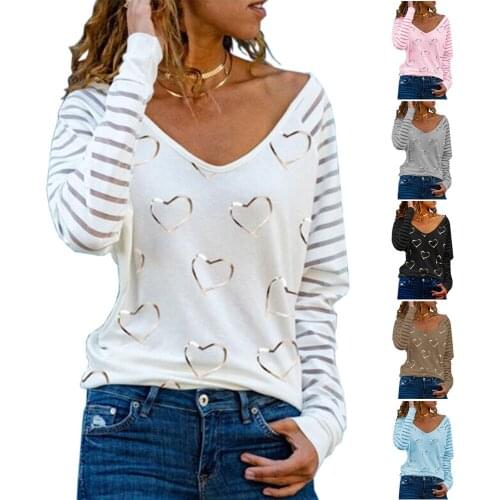 Autumn And Winter New Style Plus Size Women V-Neck Stripe Printing Love Stitching Printing Loose Casual Long-Sleeved Sweater Top