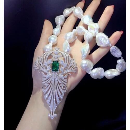 Baroque big natural fresh water pearl pendant necklace 925 sterling silver with cubic zircon fine women jewelry free shipping