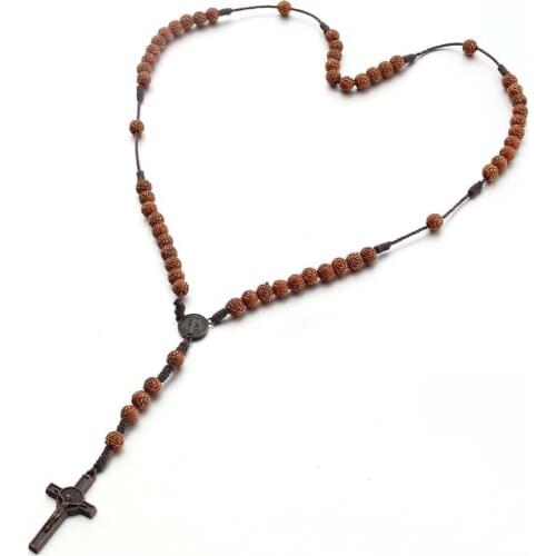 Rosewood Wooden Beads Necklaces Handmade Braided Rope Cross Rosary Necklace for Men Woman Catholic Christian