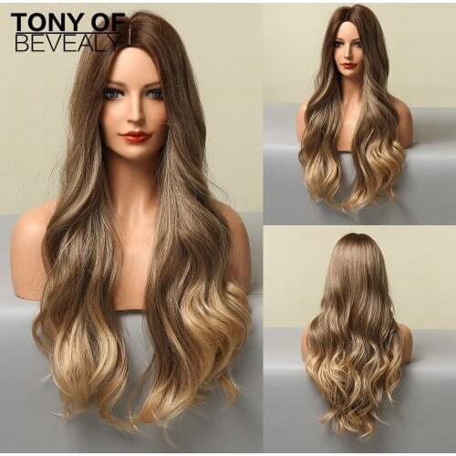 Long Wave Brown Ombre Hair Wigs Middle Part Heat Resistant Natural Synthetic Wigs for Afro Women Wavy Daily Cosplay Wigs