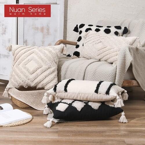 Tassels Cushion Cover Beige Boho Pillowcase With Tassels Tufted Home Decor Handmade Woven Pillowcase Sofa Living Room Decoration