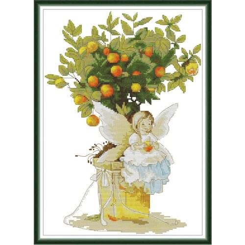 Joy Sunday Character Pattern Orange Tree and Angel Counting Number Cross Stitch 11/14CT Cross Stitch Home Decoration Gift Kit