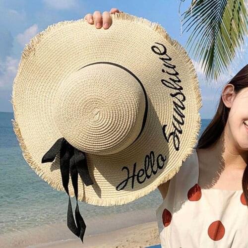 Handmade Weave Letter Sun Hats for Women Black Ribbon Lace Up Large Brim Straw Hat Outdoor Beach Hat Summer Caps