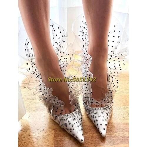 Shell Polka-dot Tulle PVC Pumps Ruffled Thin High Heel Slip On Dress Runway Women Shoes Spring Autumn Pointed Toe Stylish Shoes