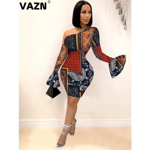 VAZN 2020 Hot Special Style Plus Size Parity Sexy Club Retro One Off Shoulder Full Sleeve Women High Waist Mini Dress