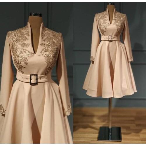 Vestidos Elegant A-line Satin Women New Year Party Dresses Full Sleeves Appliques Knee Length Prom Gowns