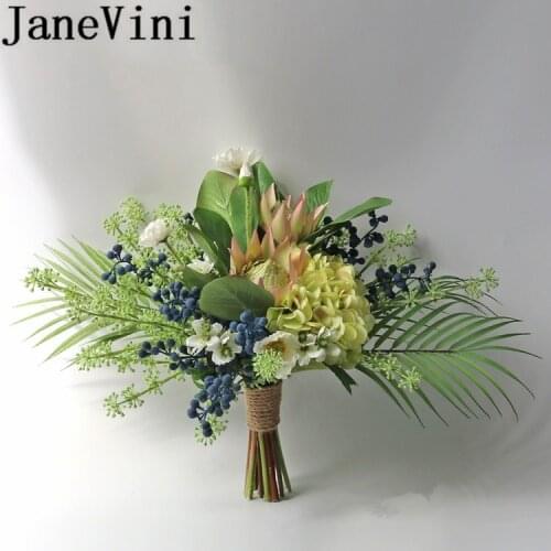 JaneVini Vintage Bridal Boquet Blumenstrauss Green Wedding Flowers Bouquet Blue Berry Artificial Brides Flower Accessories 2019