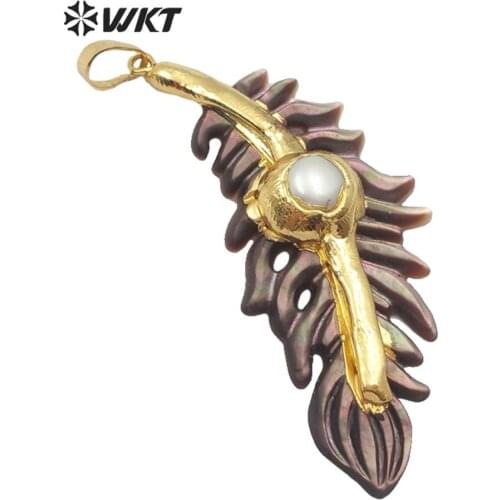 WT-JP149 shell gold electroplated Pendant leaf black white yellow feather Connector pretty gift making Necklace shell Pendant