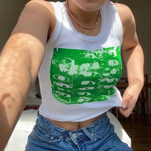 Y2K baskı rahat kırpma üst kadınlar kolsuz yaz mavi T shirt kapalı omuz seksi Tank üstleri Vintage moda Harajuku Top corset top