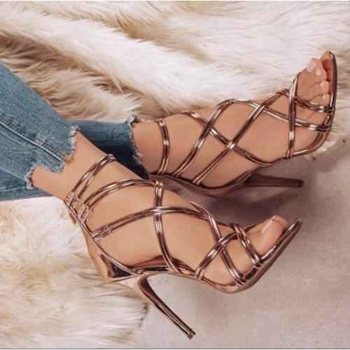 Europe And America WOMENS Shoes Fish Mouth Hollow out Cross Thin Drawstring Womens Thin Heeled High-heeled Sandals