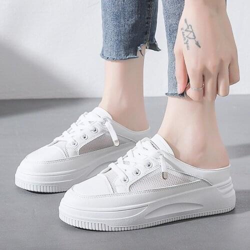 Womens White Shoes 2021 Spring and Summer New Womens Breathable Casual Leather Stitching Mesh Slippers