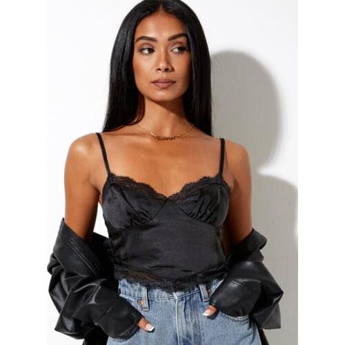 Woman Sexy Lace Camis Vest V-Neck Sleeveless Crop Top Short Solid Color Top Spaghetti Straps Lace Trim 2021