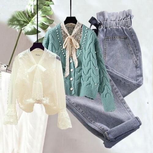 Women 2021 Autumn Fashion Three-piece Sets Female Knitted Sweater Coat+lace Bow Shirts Ladies Straight Denim Pants Suits P179