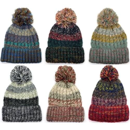 Winter Warm Multi Color Slouchy Crochet Pom Pom Hats Cable Knitted Beanie Hats With Lining Stitched Confetti Beanie Hat