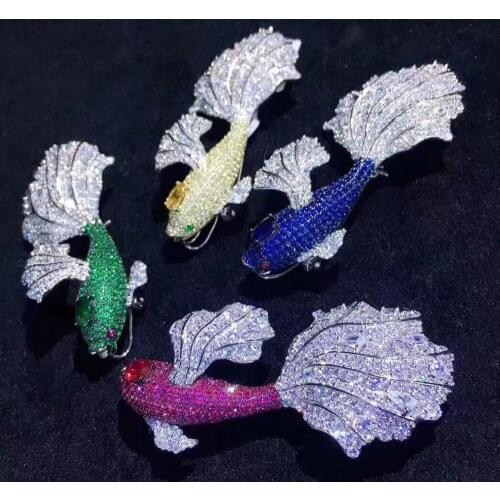 Gold fish brooch 925 sterling silver with cubic zircon 68*34MM high quality blue red green and yellow color fine women jewelry