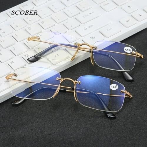 Gold Elegant anti-blue reading glasses men Frameless resin reading glasses women presbyopic eyewear with case