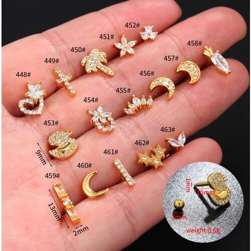 1PC 18G 10MM Stainless Steel Ear Cartilage Helix Screw Back Earring Stud Cz Tragus Rook Conch Piercing Jewelry