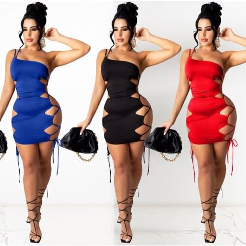 2021 Summer Fashion Women Sleeveless Dress One Shoulder Solid Color Side Bandage Mini Dress Hollow Out Nightclub Bodycon S-XXL