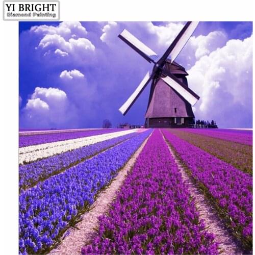 5d Diy Full Square Diamond Painting Cross Stitch Diamond Embroidery Dutch Windmill Mosaic Pattern Lavender Flower Picture Gift