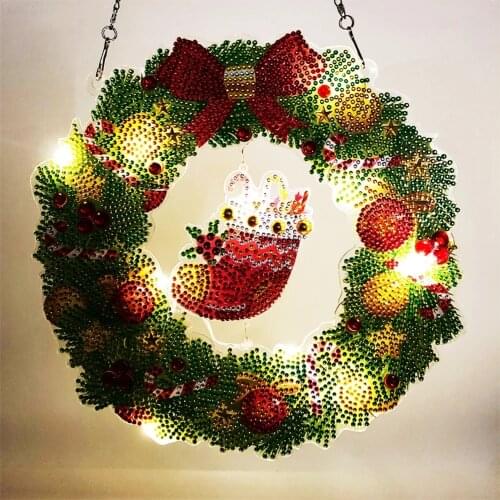 Diamond Painting Wreath with LED Light DIY Cross Stitch Art Craft Diamond Embroidery Kit Christmas Home Wall Decor