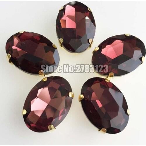 Free shipping! Golden base wine red oval shape good quality flat back sew on claw rhinestones use for diy Clothing accessories